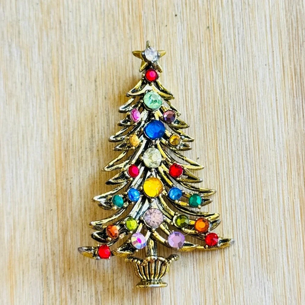 VTG Hollycraft Christmas Tree Twinkle Pin Brooch Colorful Crystal Rhinestone 50s